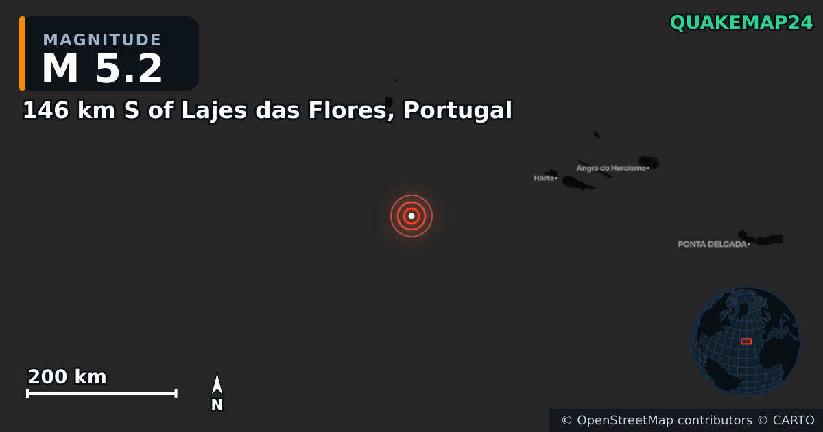 146 km S of Lajes das Flores, Portugal yakınında M5,2 deprem — Deprem merkez üssünün konumunu gösteren harita