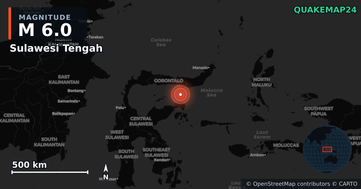 M6.0 earthquake near Sulawesi Tengah on Nov 4, 2025 — map of epicenter and shaking intensity | QuakeMap24