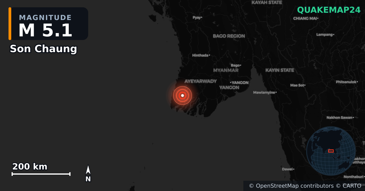 M5.1 earthquake near Son Chaung on May 10, 2026 — map of epicenter and shaking intensity | QuakeMap24