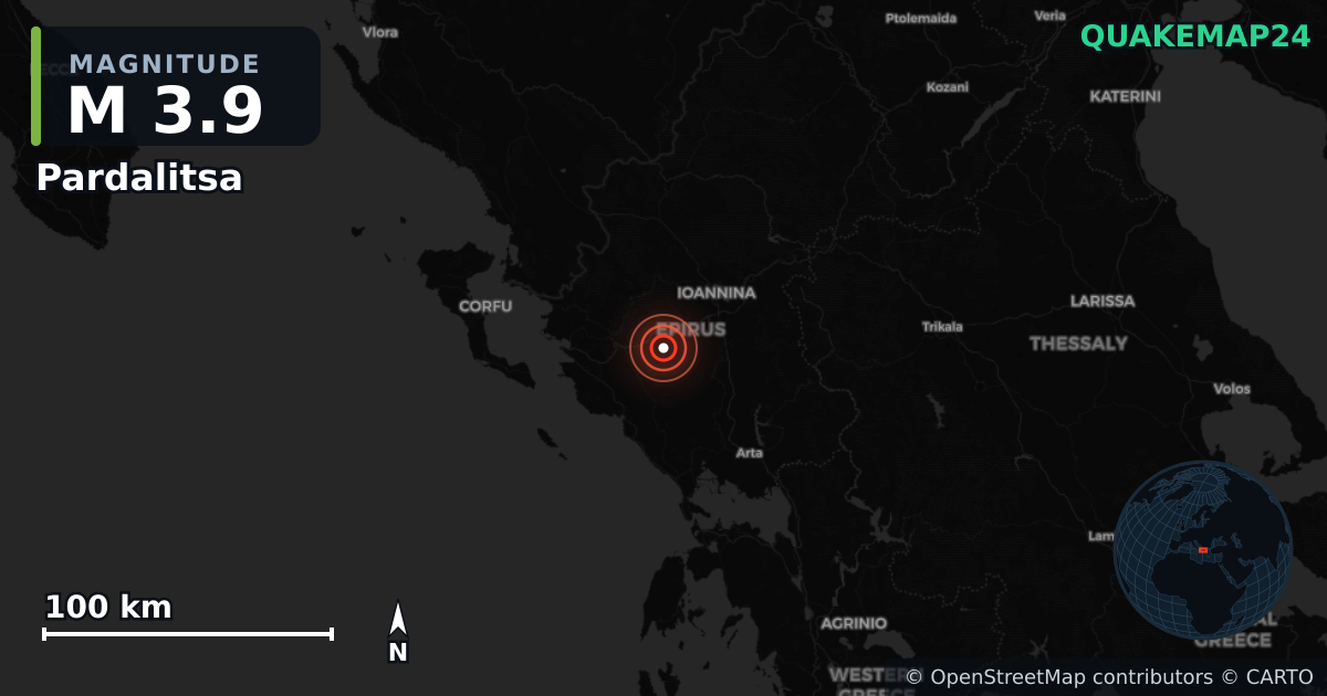 Sismo de M3,9 perto de Pardalitsa, Epirus (Grécia) · 2026-04-04 — Mapa da localização do epicentro