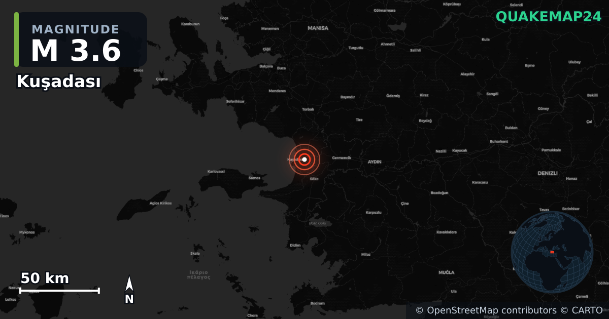 Terremoto de M3,6 cerca de WESTERN TURKEY (Turquía) · 2025-12-07 — Mapa de la ubicación del epicentro