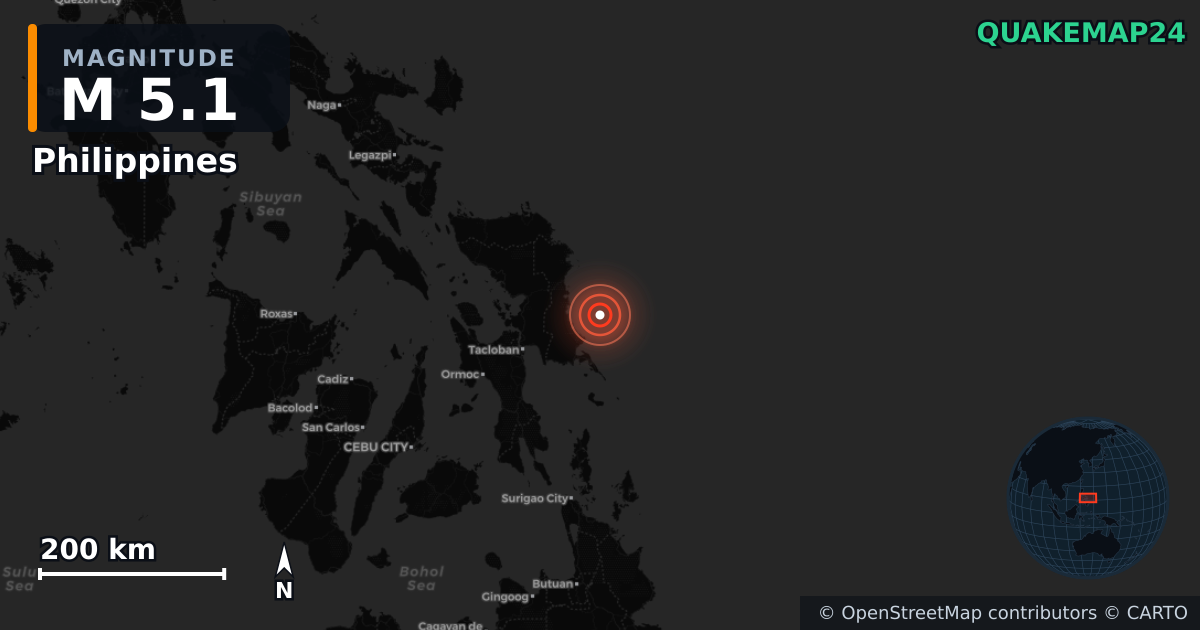 M5.1 earthquake near Philippines on Feb 15, 2025 — map of epicenter and shaking intensity | QuakeMap24