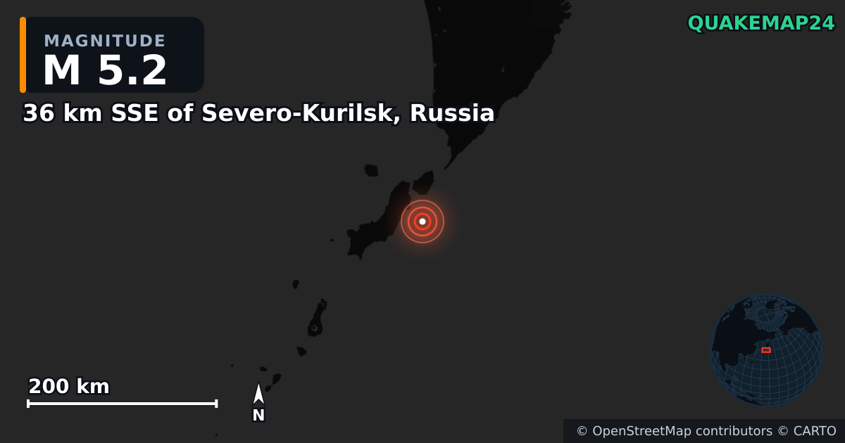M5.2 earthquake near 36 km SSE of Severo-Kurilsk, Russia on Aug 1, 2025 — map of epicenter and shaking intensity | QuakeMap24