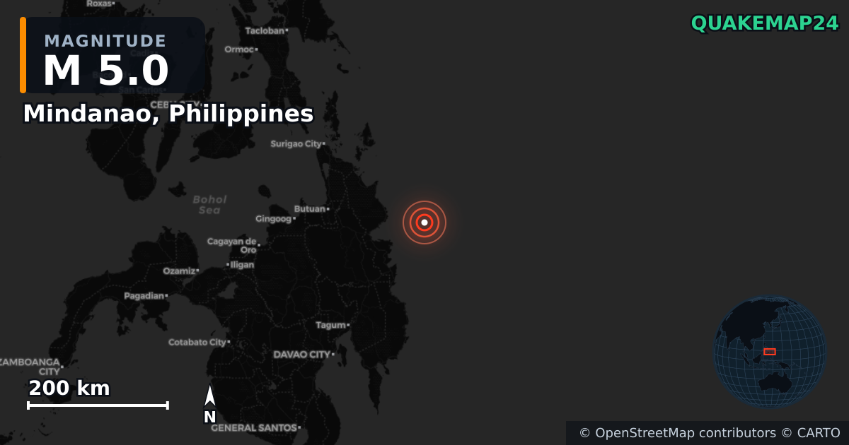 Erdbeben M5,0 bei Mindanao, Philippines — Karte der Lage des Epizentrums