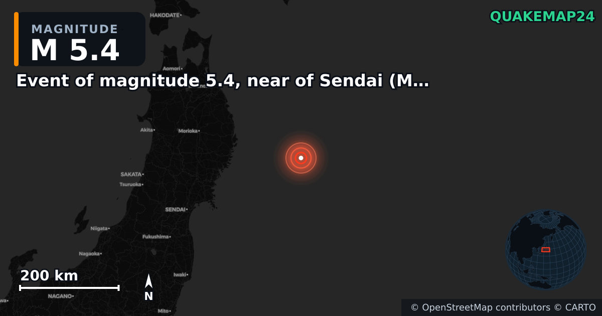 M5.4 earthquake near Event of magnitude 5.4, near of Sendai (Monde) on Nov 10, 2025 — map of epicenter and shaking intensity | QuakeMap24