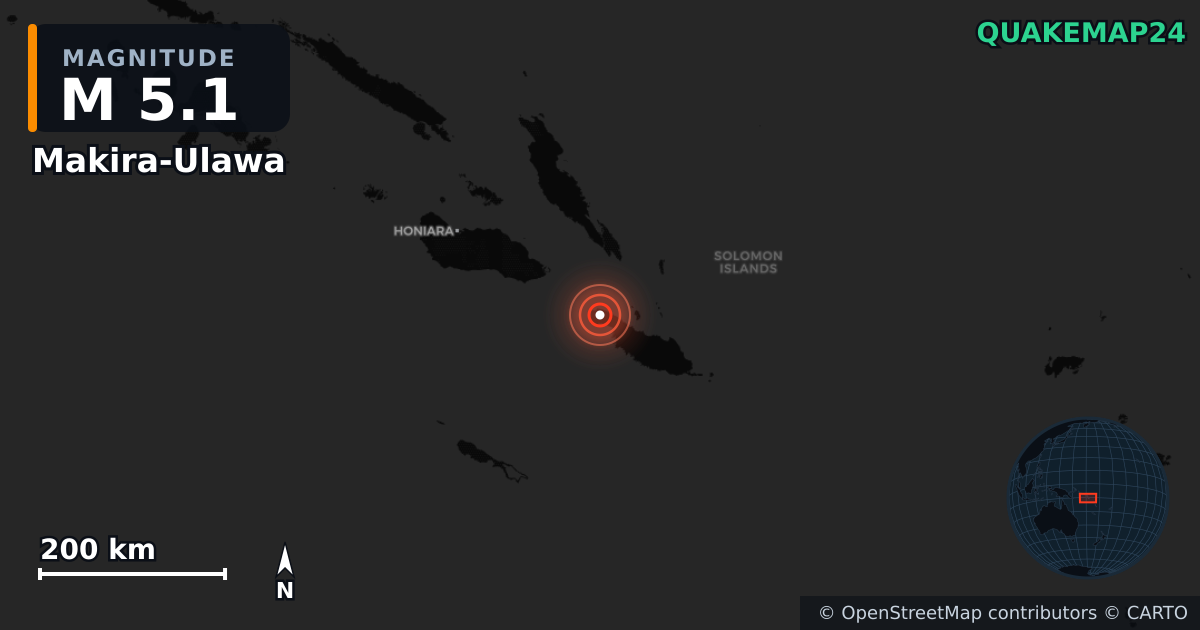 M5.1 earthquake near Makira-Ulawa on Dec 1, 2025 — map of epicenter and shaking intensity | QuakeMap24