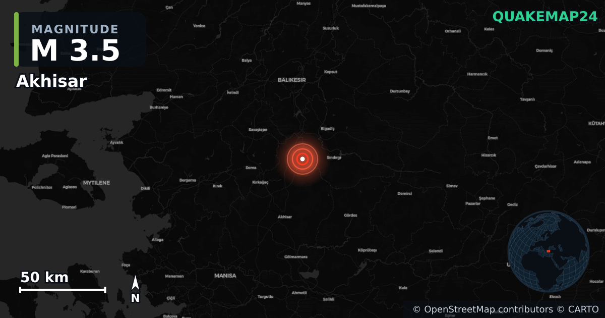 M3.5 earthquake near Akhisar on Aug 12, 2025 — map of epicenter and shaking intensity | QuakeMap24