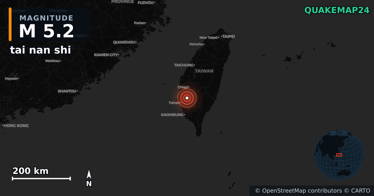 M5.2 earthquake near tai nan shi on Aug 22, 2025 — map of epicenter and shaking intensity | QuakeMap24