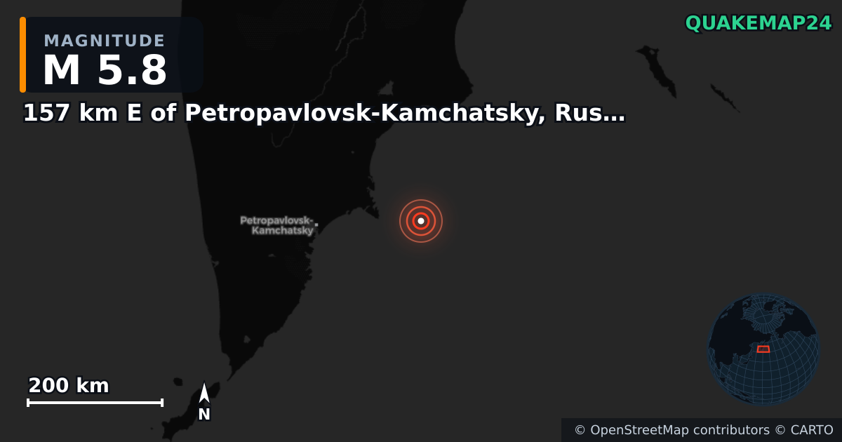 M5.8 earthquake near 157 km E of Petropavlovsk-Kamchatsky, Russia on Jul 24, 2025 — map of epicenter and shaking intensity | QuakeMap24