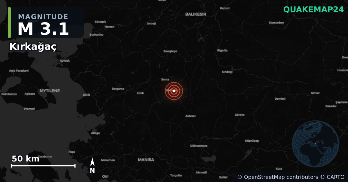 M3.1 earthquake near Kırkağaç on Sep 3, 2025 — map of epicenter and shaking intensity | QuakeMap24