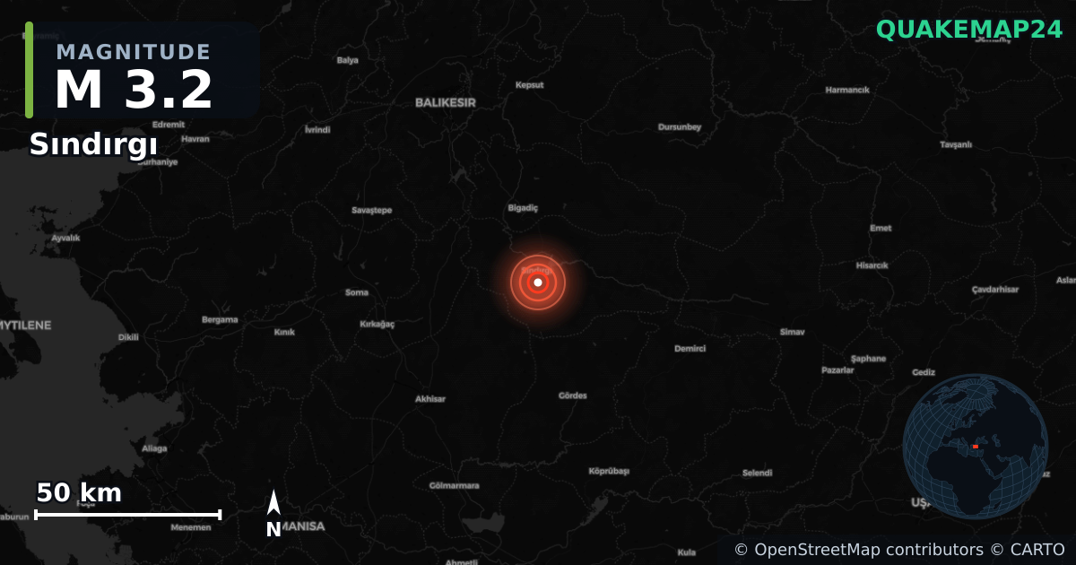 M3.2 earthquake near Sındırgı on Nov 13, 2025 — map of epicenter and shaking intensity | QuakeMap24