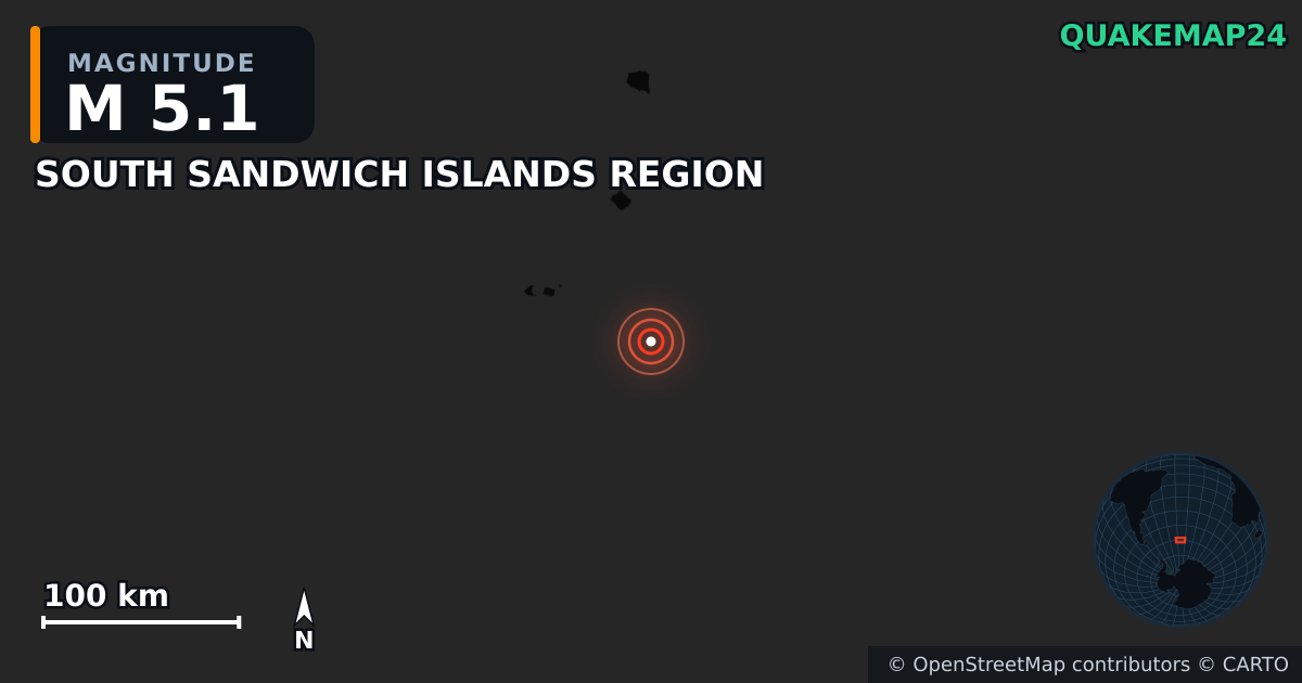 M5.1 earthquake near SOUTH SANDWICH ISLANDS REGION on Mar 22, 2026 — map of epicenter and shaking intensity | QuakeMap24