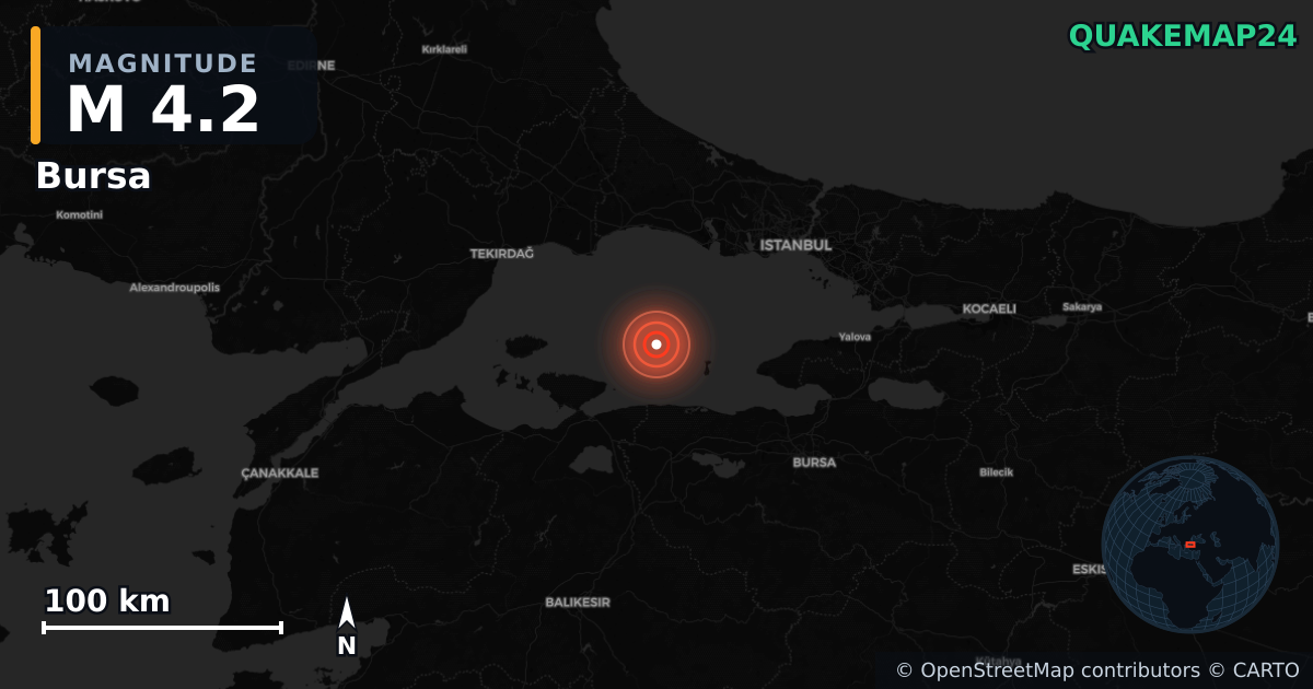 Sismo de M4,2 perto de Bursa (Turquia) · 2026-06-16 — Mapa da localização do epicentro