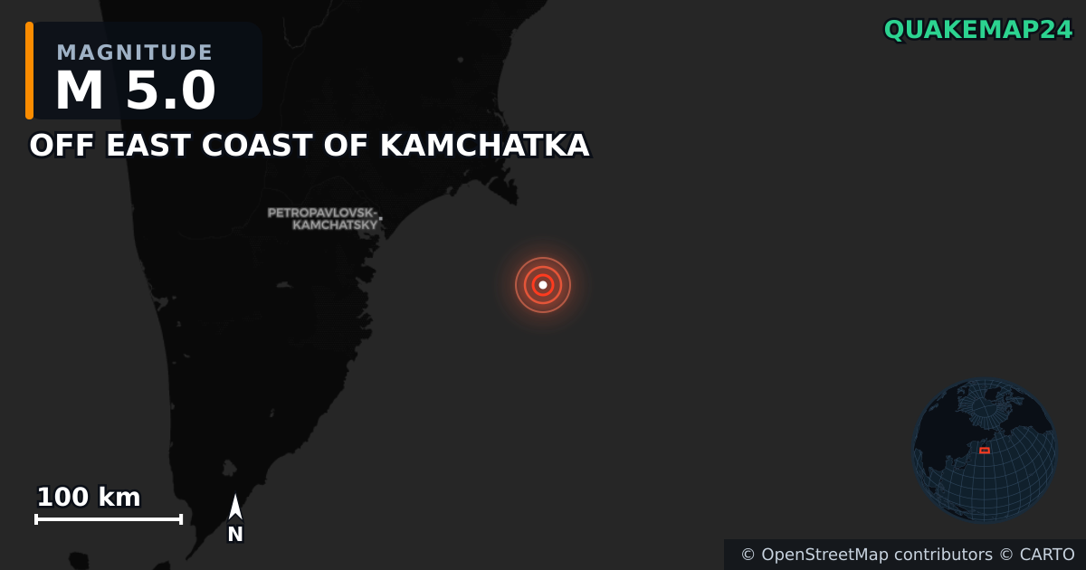 M5.0 earthquake near OFF EAST COAST OF KAMCHATKA on Jul 25, 2025 — map of epicenter and shaking intensity | QuakeMap24