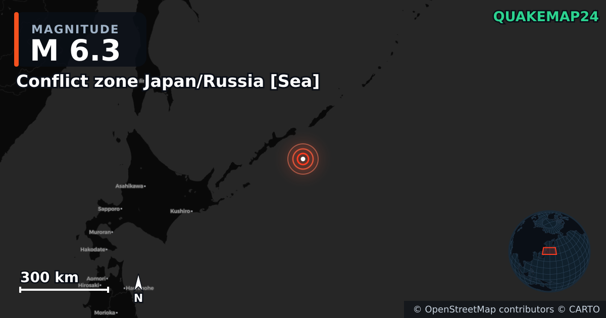M6.3 earthquake near Conflict zone Japan/Russia [Sea] on Jan 13, 2026 — map of epicenter and shaking intensity | QuakeMap24