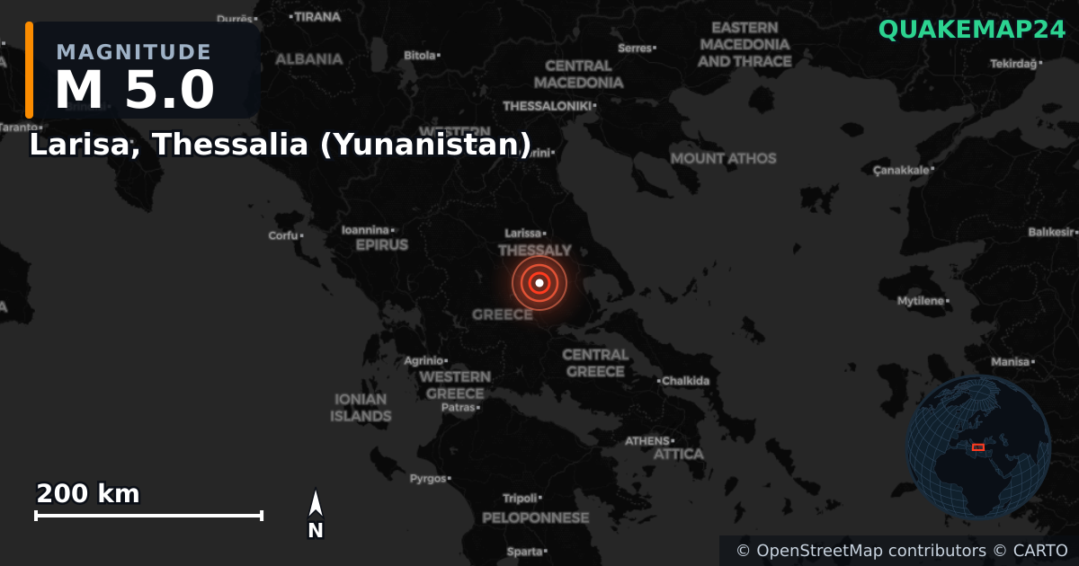 Erdbeben M5,0 bei Larisa, Thessalia (Yunanistan) — Karte der Lage des Epizentrums