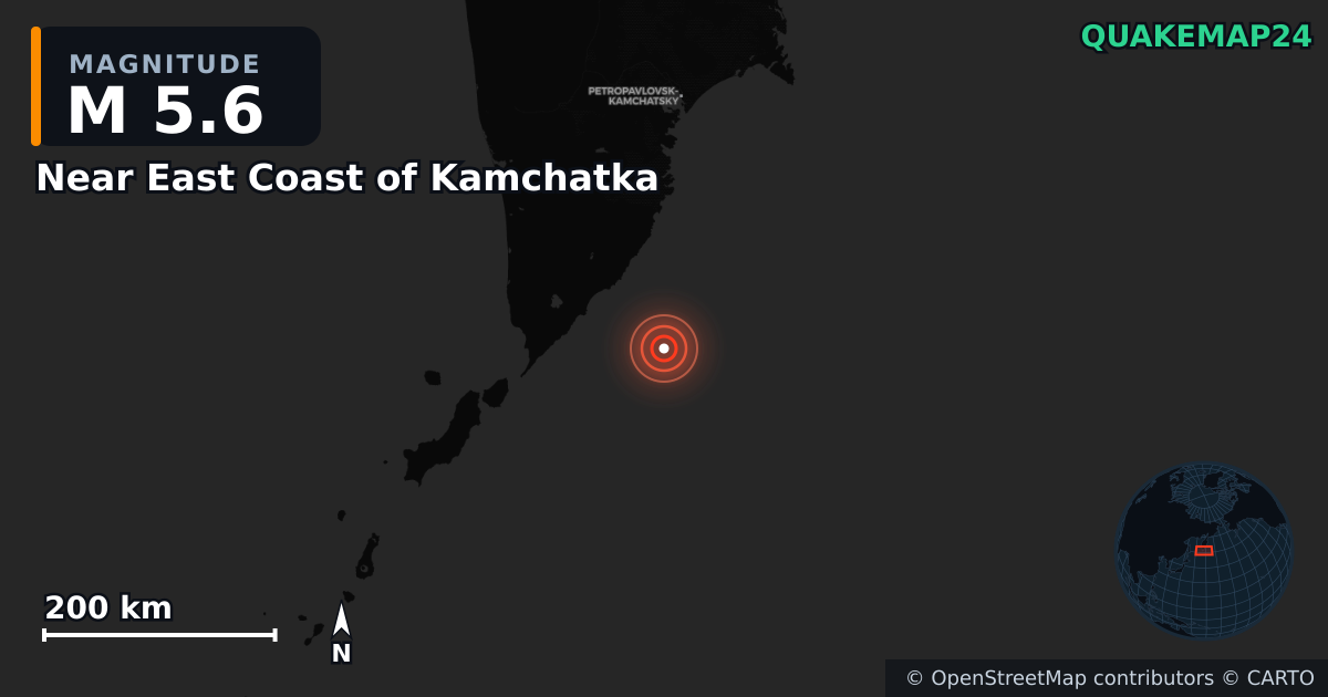 M5.6 earthquake near Near East Coast of Kamchatka on Jul 30, 2025 — map of epicenter and shaking intensity | QuakeMap24