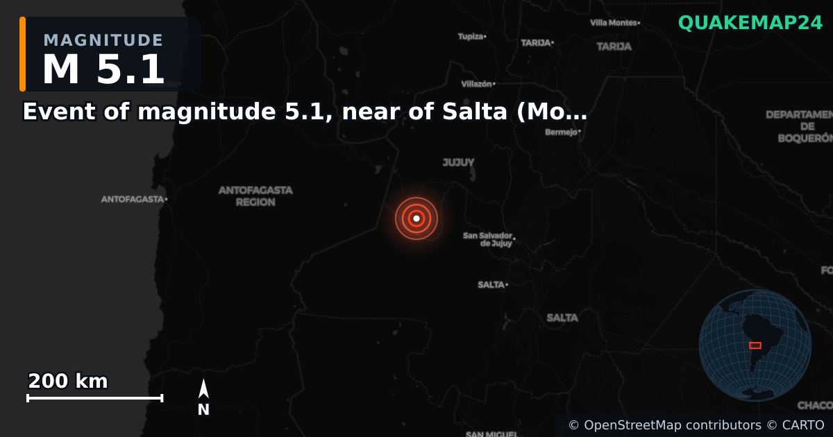 M5.1 earthquake near Event of magnitude 5.1, near of Salta (Monde) on Mar 21, 2026 — map of epicenter and shaking intensity | QuakeMap24
