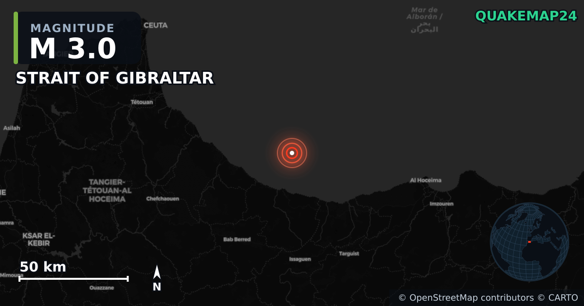 M3.0 earthquake near STRAIT OF GIBRALTAR on Aug 29, 2025 — map of epicenter and shaking intensity | QuakeMap24