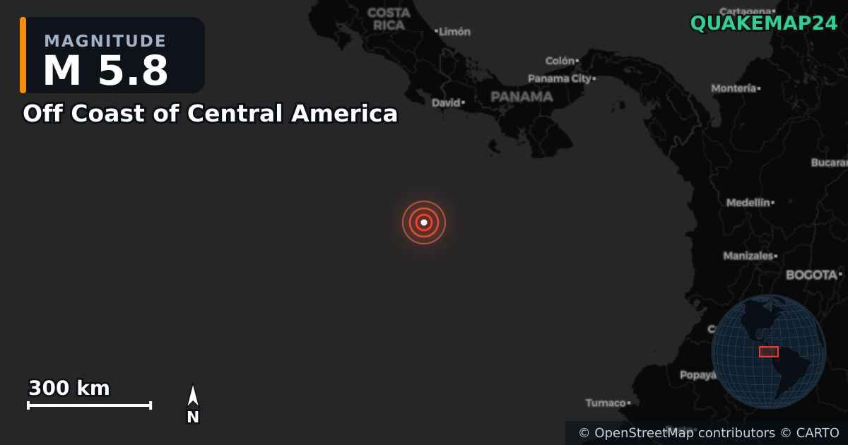 M5.8 earthquake near Off Coast of Central America on Jul 14, 2025 — map of epicenter and shaking intensity | QuakeMap24