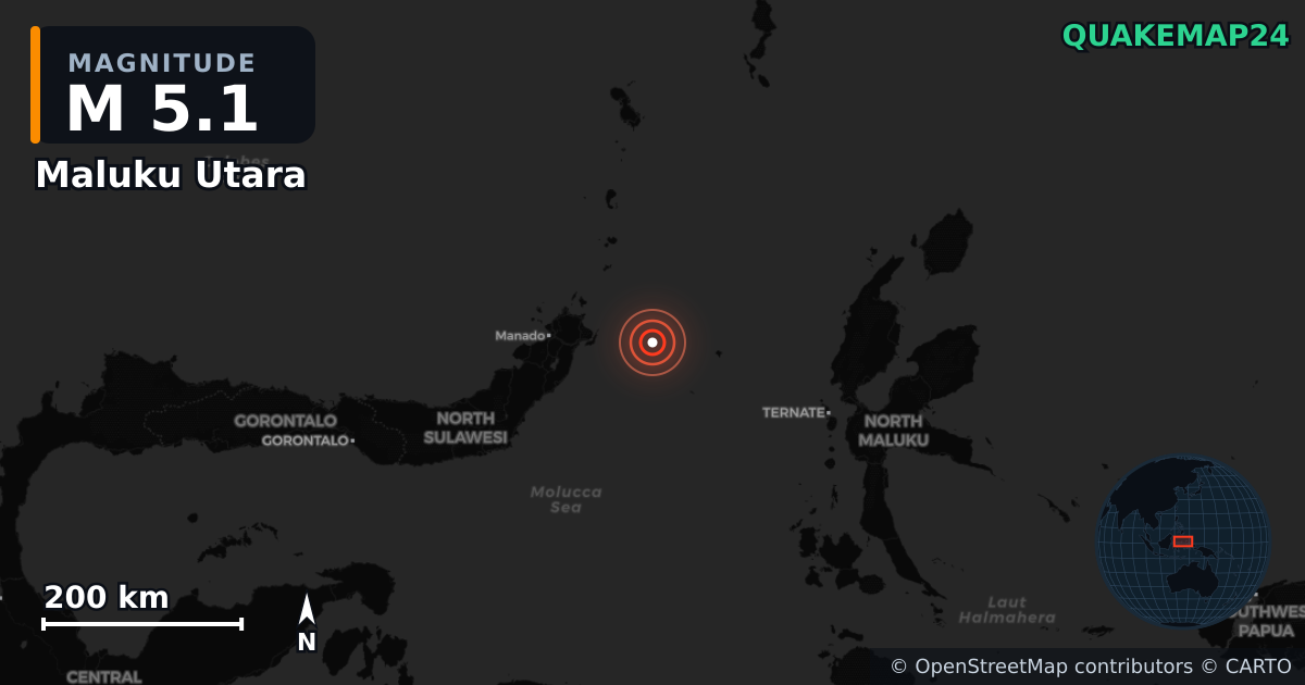 M5.1 earthquake near Maluku Utara on Dec 18, 2025 — map of epicenter and shaking intensity | QuakeMap24