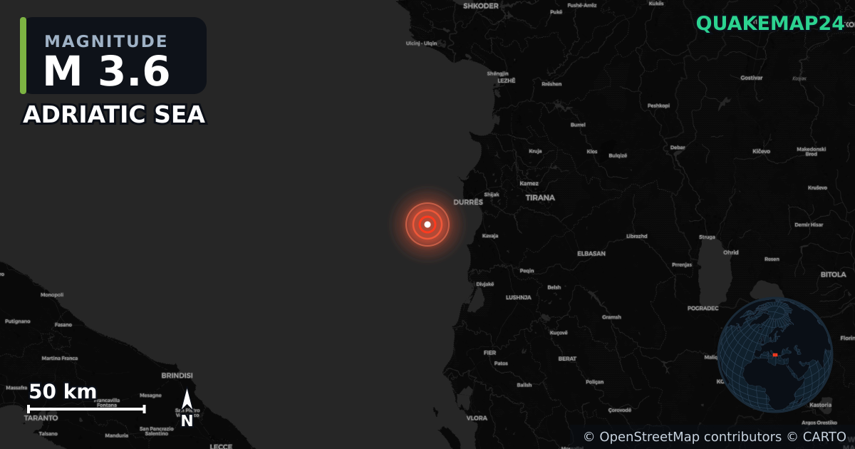 M3.6 earthquake near ADRIATIC SEA on Oct 22, 2025 — map of epicenter and shaking intensity | QuakeMap24