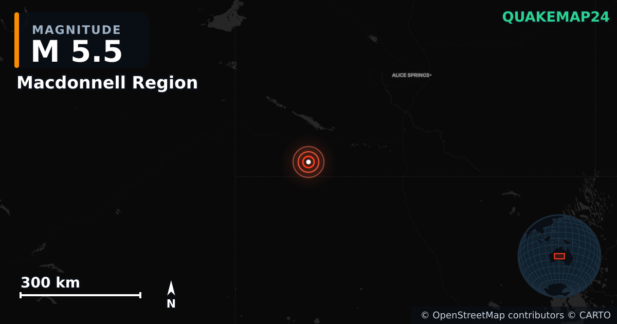 M5.5 earthquake near Macdonnell Region on Apr 4, 2026 — map of epicenter and shaking intensity | QuakeMap24