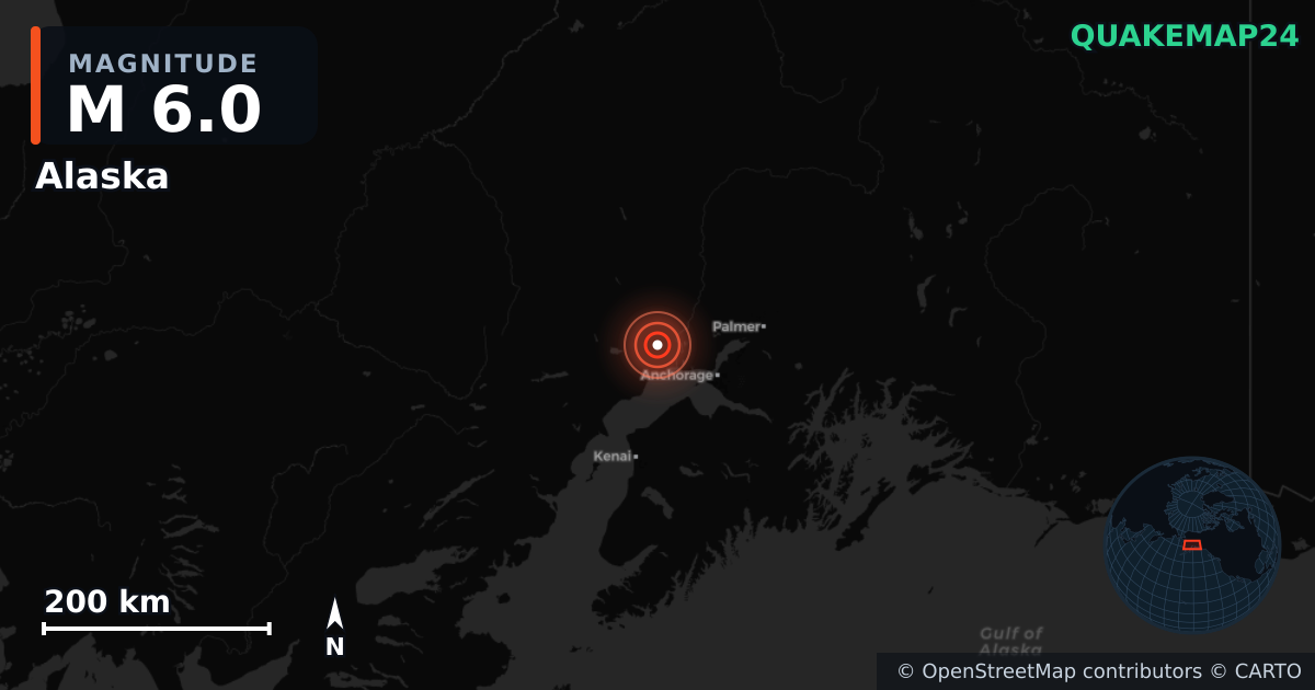 M6.0 earthquake near Alaska on Nov 27, 2025 — map of epicenter and shaking intensity | QuakeMap24