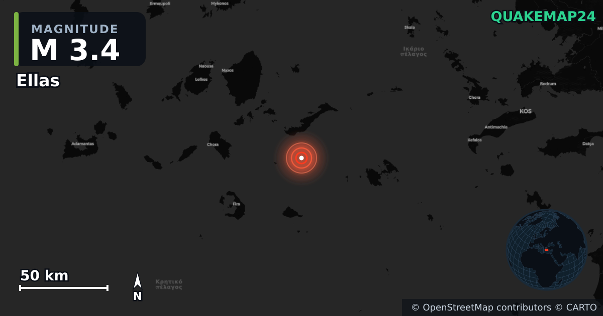 M3.4 earthquake near Ellas on Jan 13, 2026 — map of epicenter and shaking intensity | QuakeMap24