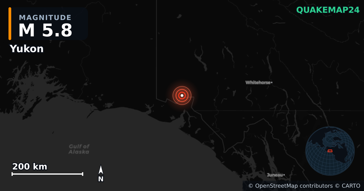 M5.8 earthquake near Yukon on Dec 8, 2025 — map of epicenter and shaking intensity | QuakeMap24