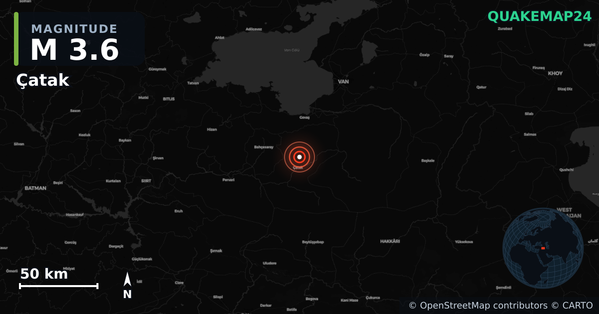 M3.6 earthquake near Çatak on Jul 1, 2026 — map of epicenter and shaking intensity | QuakeMap24