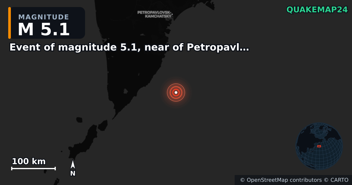 Event of magnitude 5.1, near of Petropavlovsk Kamchatskiy (Monde) yakınında M5,1 deprem — Deprem merkez üssünün konumunu gösteren harita