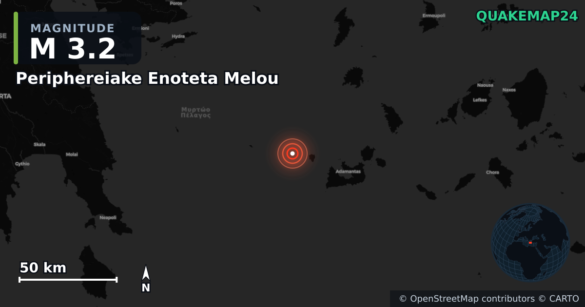 M3.2 earthquake near Periphereiake Enoteta Melou on Jan 26, 2026 — map of epicenter and shaking intensity | QuakeMap24
