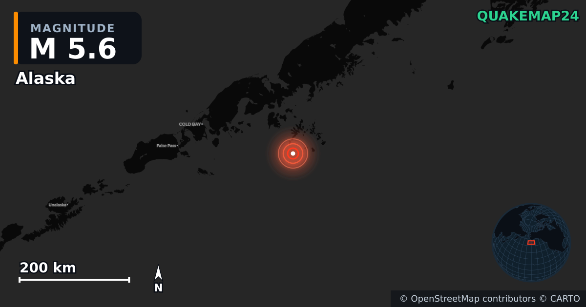 M5.6 earthquake near Alaska on Jan 22, 2026 — map of epicenter and shaking intensity | QuakeMap24