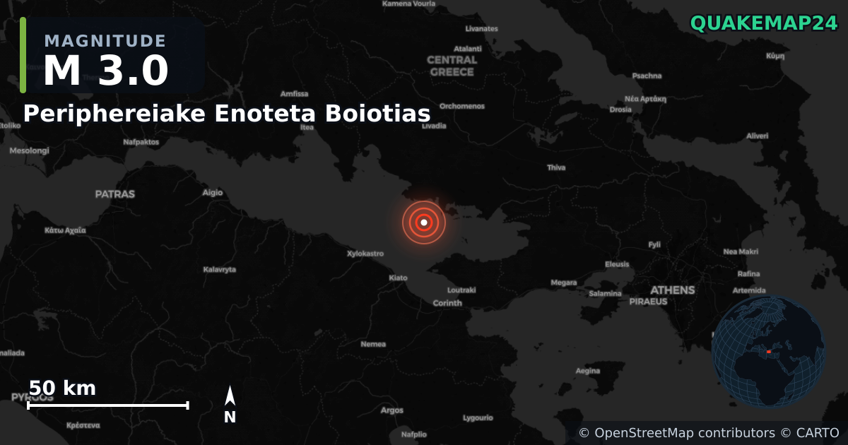 M3.0 earthquake near Periphereiake Enoteta Boiotias on Feb 3, 2026 — map of epicenter and shaking intensity | QuakeMap24