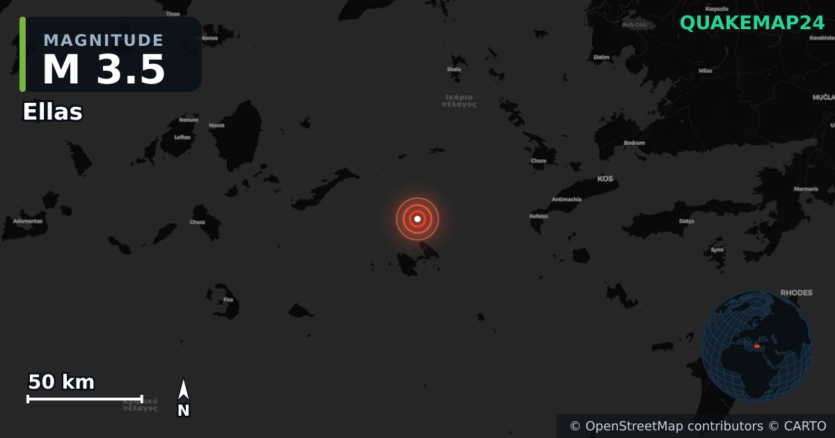 M3.5 earthquake near Ellas on Feb 23, 2026 — map of epicenter and shaking intensity | QuakeMap24