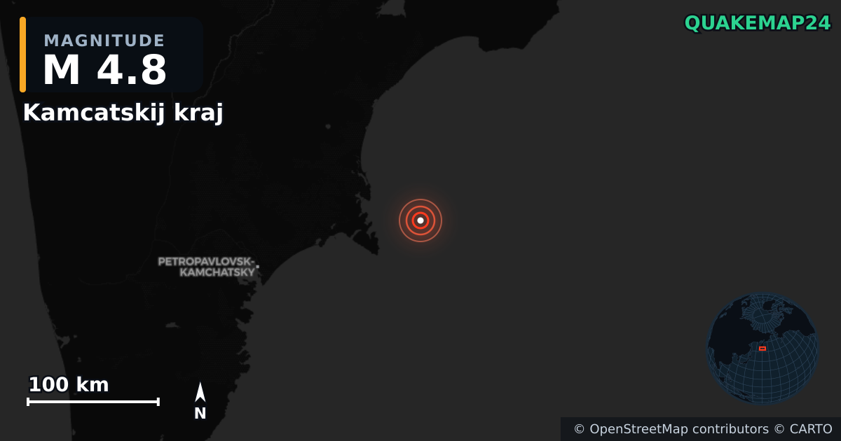 M4.8 earthquake near Kamcatskij kraj on Sep 15, 2025 — map of epicenter and shaking intensity | QuakeMap24