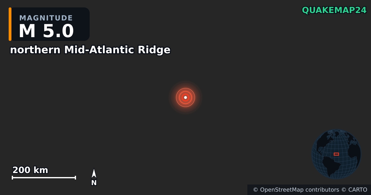 Erdbeben M5,0 bei northern Mid-Atlantic Ridge · 2026-08-10 — Karte der Lage des Epizentrums