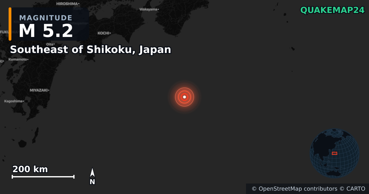 M5.2 earthquake near Southeast of Shikoku, Japan on Apr 6, 2026 — map of epicenter and shaking intensity | QuakeMap24