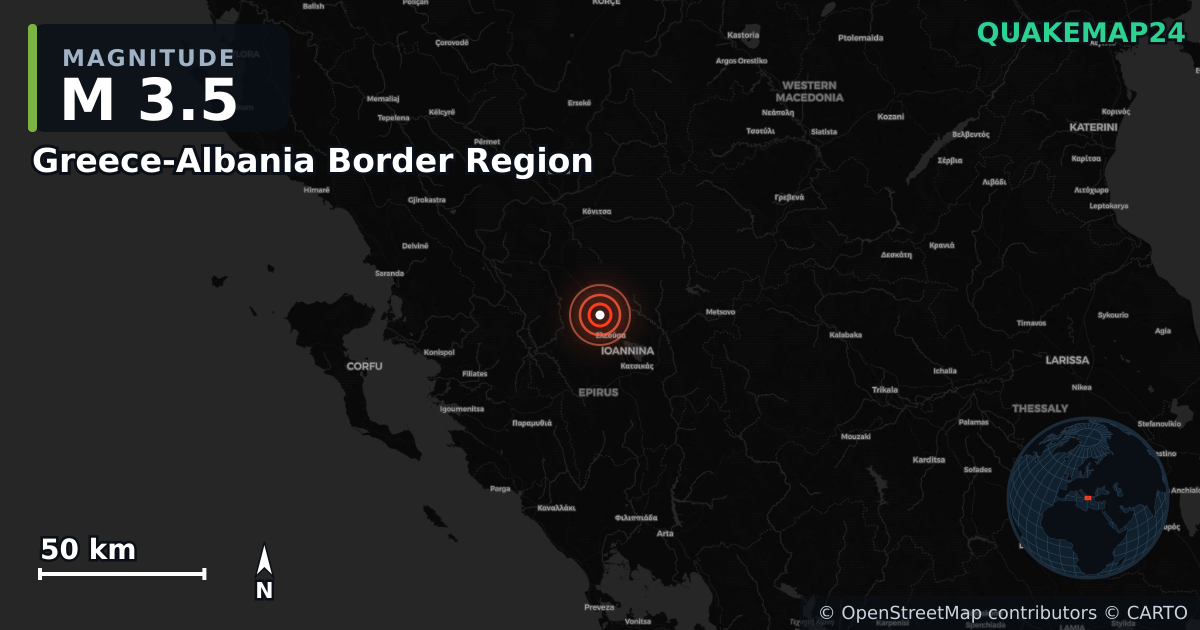 M3.5 earthquake near Greece-Albania Border Region on Apr 6, 2026 — map of epicenter and shaking intensity | QuakeMap24