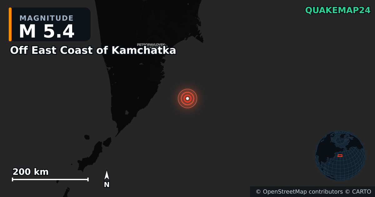 M5.4 earthquake near Off East Coast of Kamchatka on Jul 30, 2025 — map of epicenter and shaking intensity | QuakeMap24