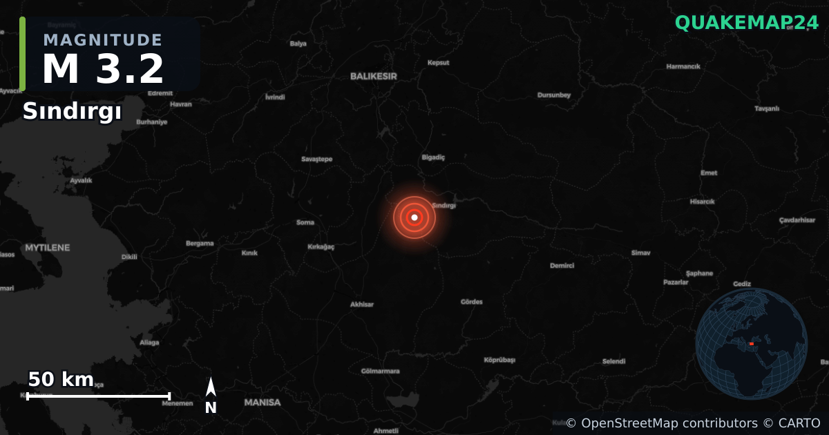 M3.2 earthquake near Sındırgı on Aug 20, 2025 — map of epicenter and shaking intensity | QuakeMap24