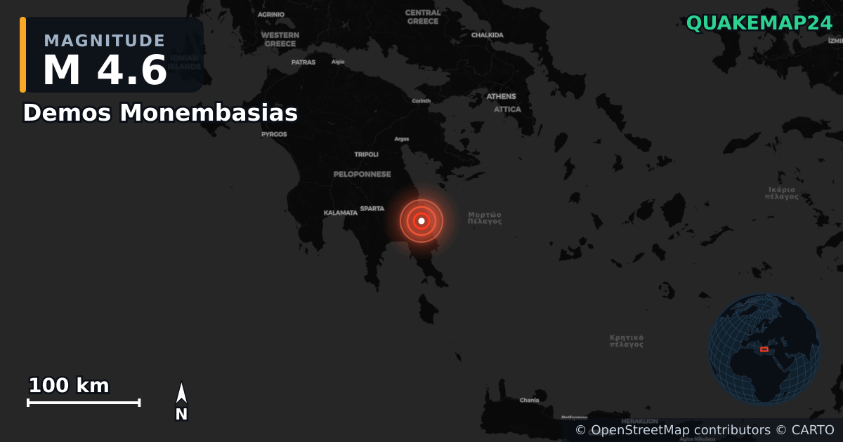 M4.6 earthquake near Demos Monembasias on May 11, 2026 — map of epicenter and shaking intensity | QuakeMap24
