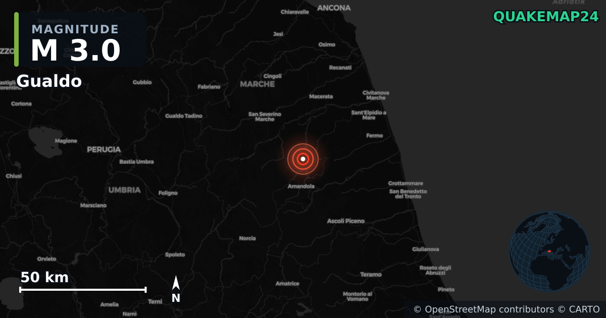 M3.0 earthquake near Gualdo on Jan 5, 2026 — map of epicenter and shaking intensity | QuakeMap24