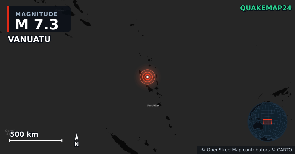 M7.3 earthquake near VANUATU on Mar 30, 2026 — map of epicenter and shaking intensity | QuakeMap24