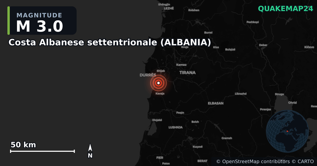 M3.0 earthquake near Costa Albanese settentrionale (ALBANIA) on Apr 6, 2026 — map of epicenter and shaking intensity | QuakeMap24