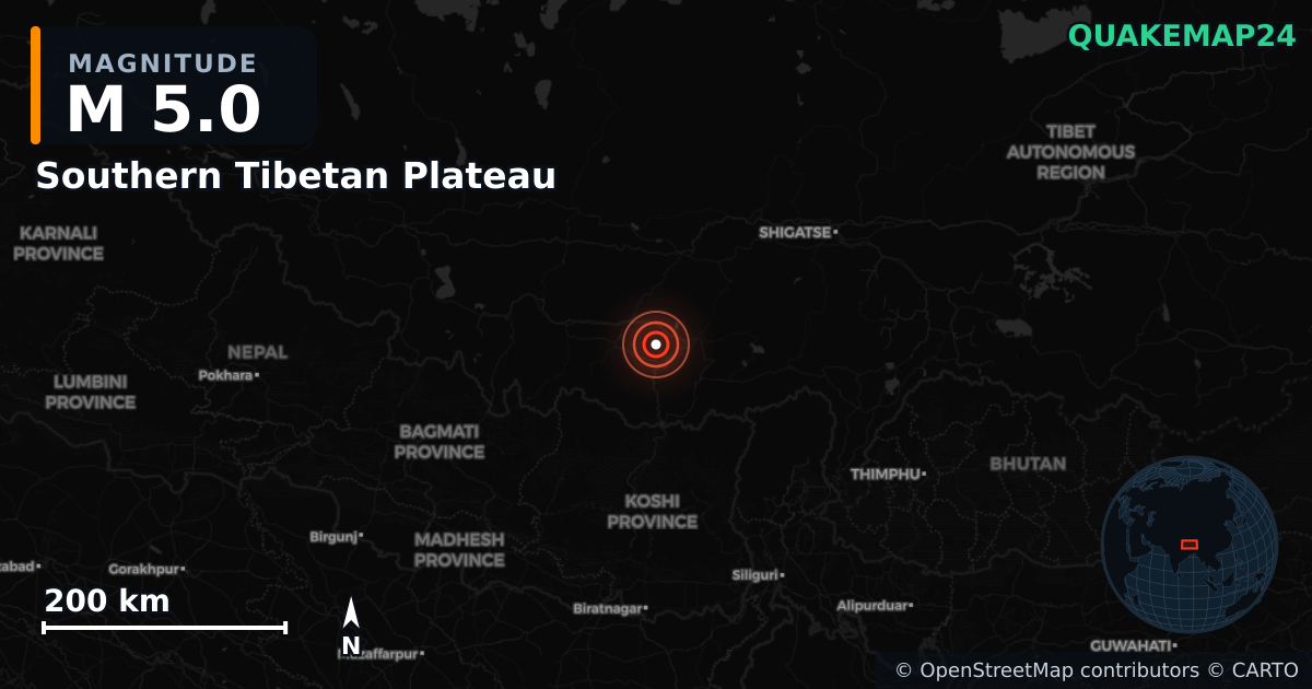 Southern Tibetan Plateau yakınında M5,0 deprem — Deprem merkez üssünün konumunu gösteren harita