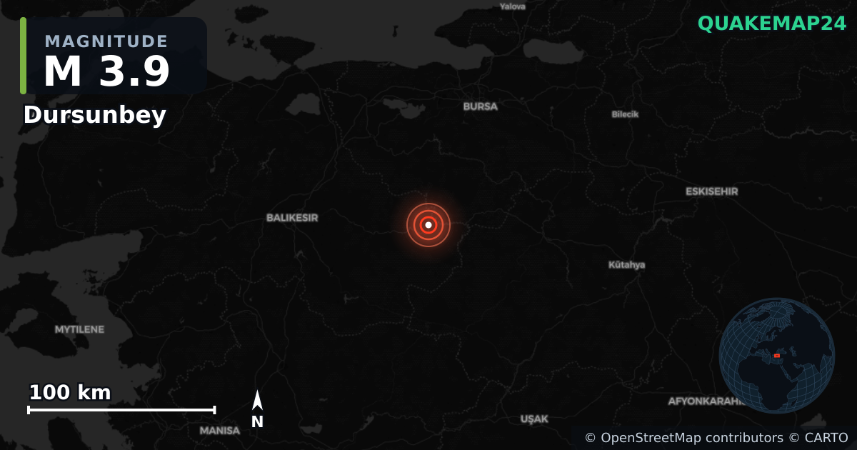 M3.9 earthquake near Dursunbey on Apr 16, 2026 — map of epicenter and shaking intensity | QuakeMap24