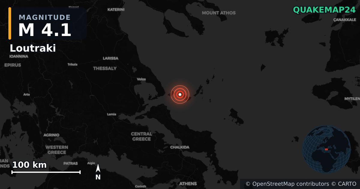Terremoto de M4,1 cerca de Loutraki, Thessaly (Grecia) · 2026-04-28 — Mapa de la ubicación del epicentro