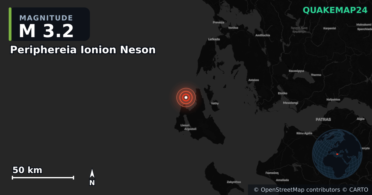 M3.2 earthquake near Periphereia Ionion Neson on Dec 3, 2025 — map of epicenter and shaking intensity | QuakeMap24